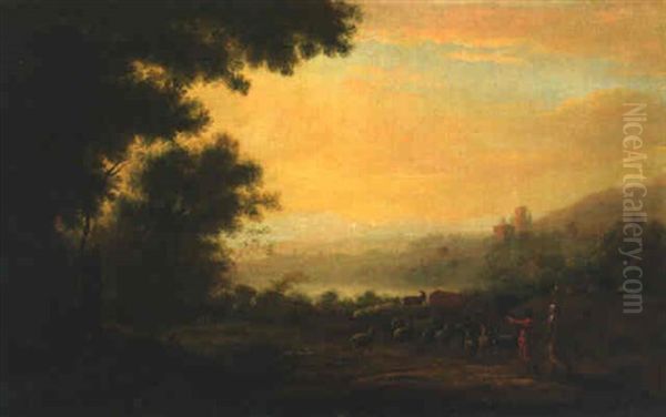 An Italianate River Landscape At Dawn With Shepherds And Their Herds Oil Painting by Claude Lorrain