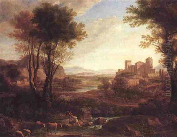 Landscape With Figures Crossing A Stream Beside Cattle And Sheep, A Citadel Beyond Oil Painting by Claude Lorrain