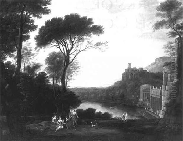 Elegant Figures In A Classical Landscape Oil Painting by Claude Lorrain