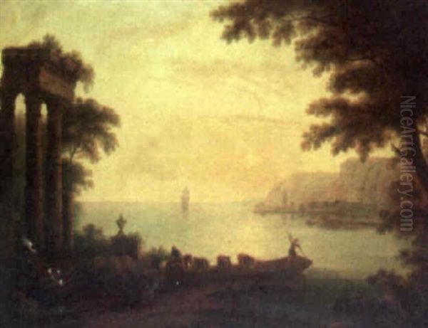 Mediterranean Seascape With Cattle Being Loaded Onto A Ferryboat At Sunset Oil Painting by Claude Lorrain