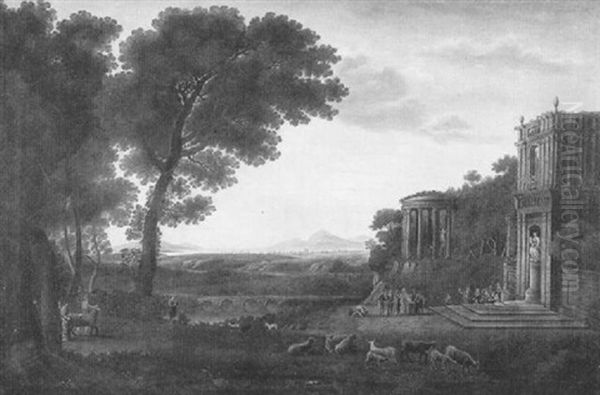 Panoramic Landscape With Figures And Animals Oil Painting by Claude Lorrain