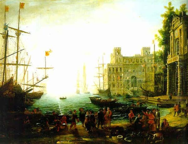 A Capriccio Of A Mediterranean Harbour, With The Villa Medici, Vignola's Entrance Gate To The Franese Gardens On The Forum, And Numerous Figures In The Foreground Oil Painting by Claude Lorrain