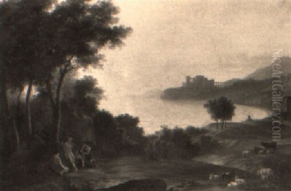 An Arcadian Coastal Landscape With Figures By A Tree Oil Painting by Claude Lorrain