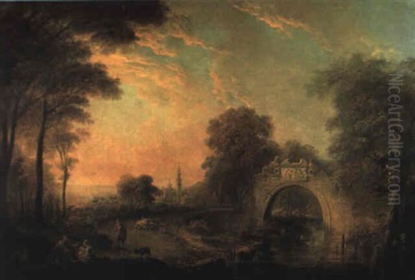 Abendlandschaft Mit Einer Steinernen Bogenbrucke Oil Painting by Claude Lorrain