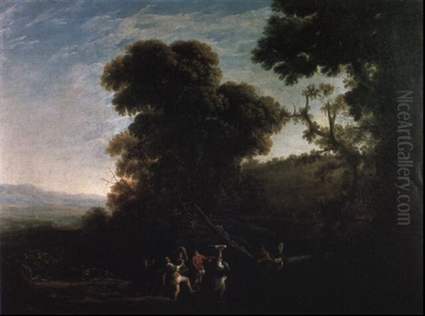 Wooded Landscape With Peasants Fording A Stream Oil Painting by Claude Lorrain