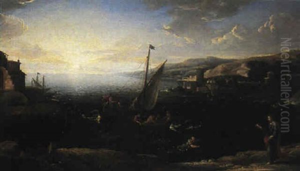 La Peche Miraculeuse Et Saint Pierre Marchant Sur L'eau Oil Painting by Claude Lorrain