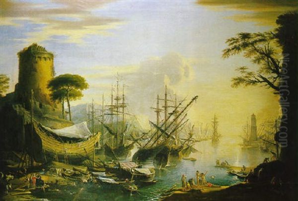 A Classical Mediterranean Port Oil Painting by Claude Lorrain