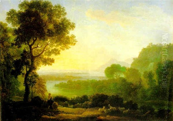 Landschaft Mit Einem Auf Einer Schalmei Blasenden Hirtenknaben Bei Sonnenaufgang Oil Painting by Claude Lorrain