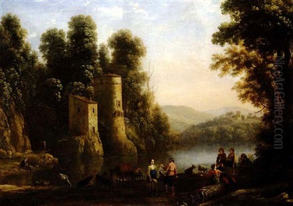 Pastoral River Landscape With Figures By A Mill Oil Painting by Claude Lorrain