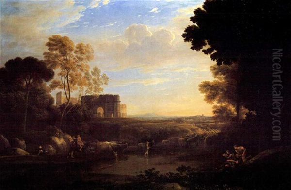 Italianate Landscape At Sunset With Herdsmen Driving A Flock Oil Painting by Claude Lorrain