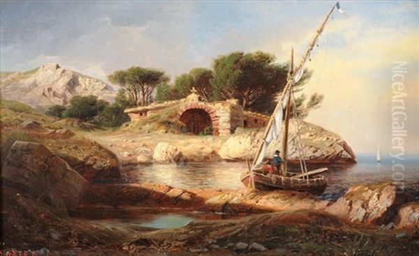 Boot An Der Kuste Mit Kleiner Kapelle Oil Painting by Charles-Louis Lortet