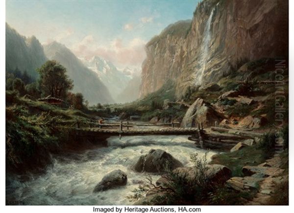 An Alpine Landscape With A Bridge Over A Fast-moving River Oil Painting by Leberecht Lortet