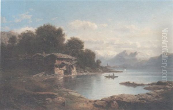 An Alpine Landscape With An Abandoned Cottage On The Lake's Edge And Figures In A Dinghy In The Foreground Oil Painting by Leberecht Lortet