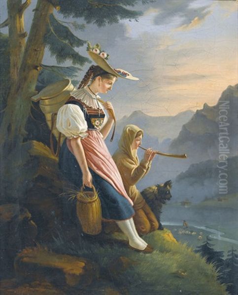 Gebirgslandschaft Mit Bauernmadchen Und Hirtin Oil Painting by Gabriel Ludwig Lory