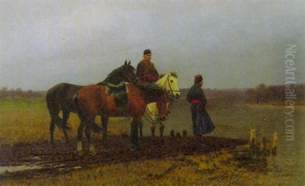 Zwei Reiter Am Flussufer, Auf Die Fahre Wartend Oil Painting by Waldemar Los