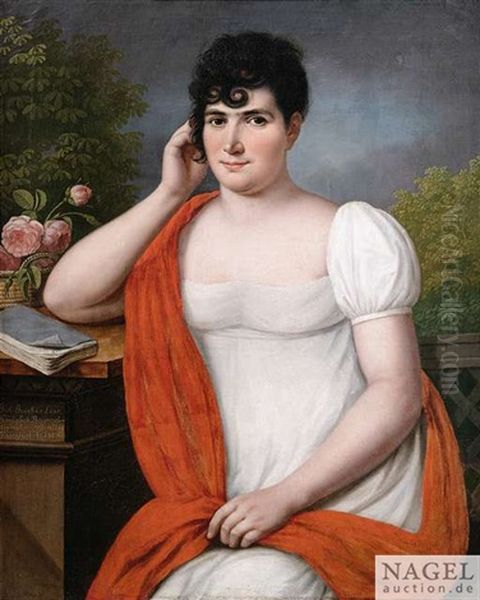 Bildnis Einer Dame Auf Einer Terrasse Sitzend. Neben Ihr Ein Buch Und Blumen In Einem Korbchen Oil Painting by Johann Jacob de Lose