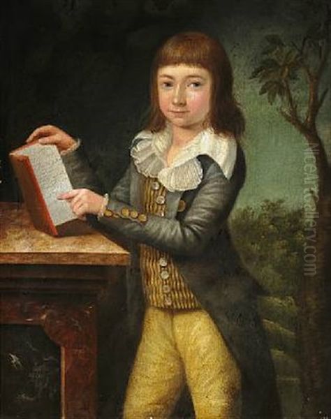 Portrait Of Carl Diderich Tutein In Yellow Trousers, Yellow Striped Waistcoat And Grey Jacket, Standing With A Book With His Name Oil Painting by Johann Jacob de Lose