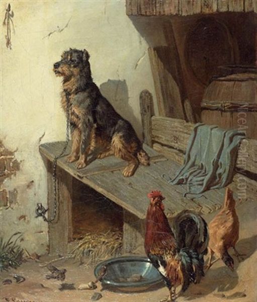 Hofhund Mit Hahn Und Huhn Oil Painting by Friedrich Lossow