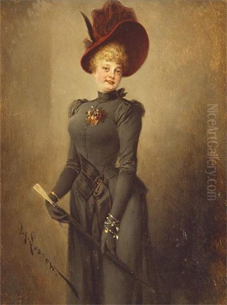 Dame Im Schwarzen Eleganten Kleid Mit Hut Oil Painting by Heinrich Lossow