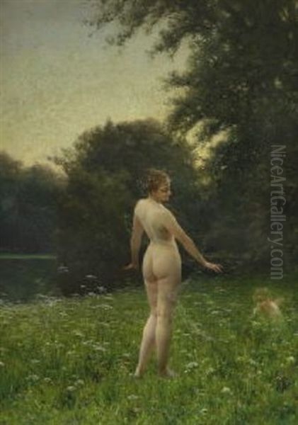 Nymphe Und Amorette Am Waldteich Oil Painting by Heinrich Lossow