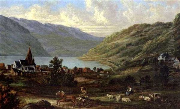 Parti Fra Vossevangen I Norge Med Hestvogn, Hyrdepige Og Far Oil Painting by Johan Ludvig Losting