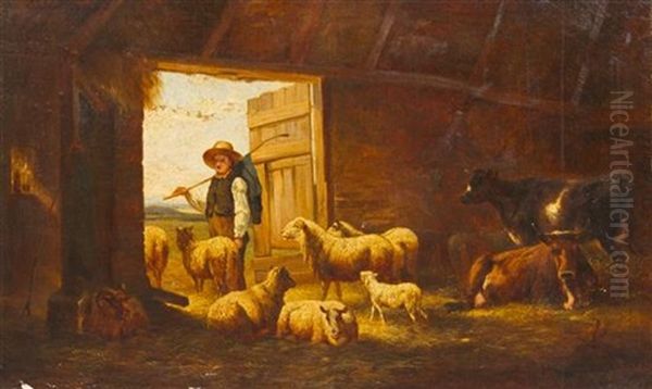 Shepherd And Sheep In Stable Oil Painting by Henry Lot