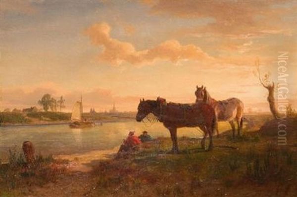 Rastende Reiter Am Rheinufer Oil Painting by Henry Lot