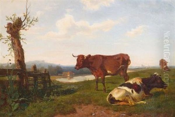 Weidende Kuhe Uber Dem Rheintal Oil Painting by Henry Lot