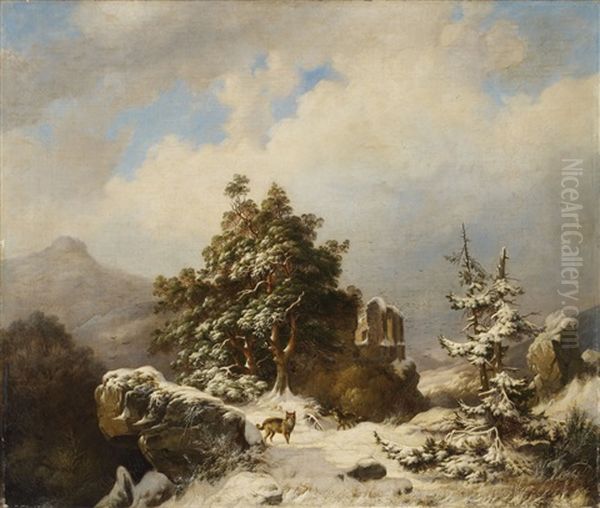 Winterlandschaft Mit Ruine Und Wolfen Oil Painting by Henry Lot