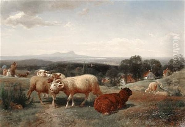 Sheep Grazing In A Meadow Oil Painting by Henry Lot