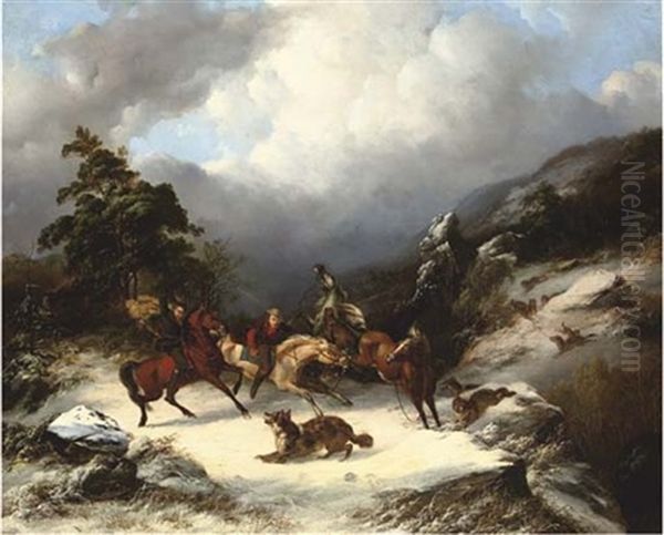 Horsemen Surprised By A Pack Of Wolves Oil Painting by Henry Lot