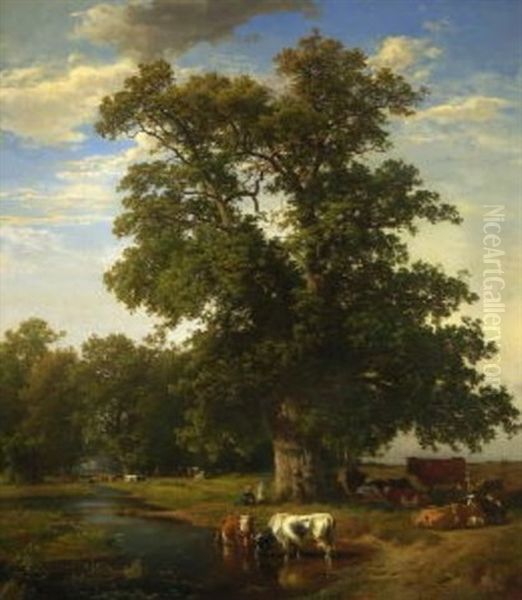 Baumlandschaft Mit Hirten Und Kuhen Am Wasser Oil Painting by Henry Lot