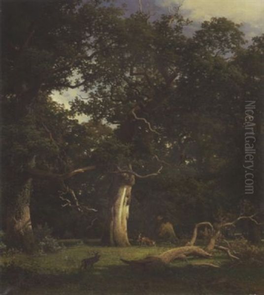 Waldlichtung Mit Rotwild Oil Painting by Henry Lot