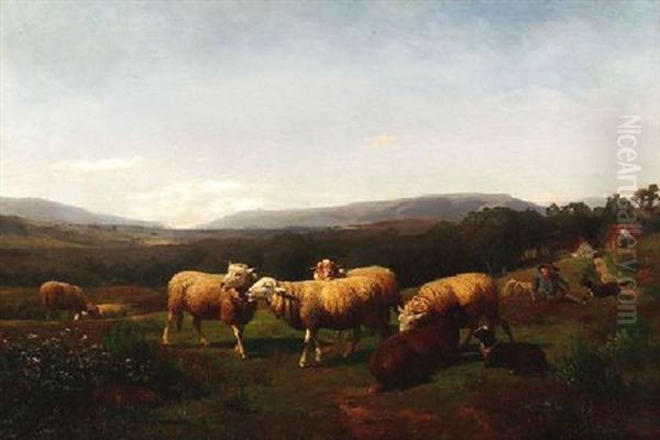 Schafer Bei Seiner Herde Auf Der Weide Oil Painting by Henry Lot