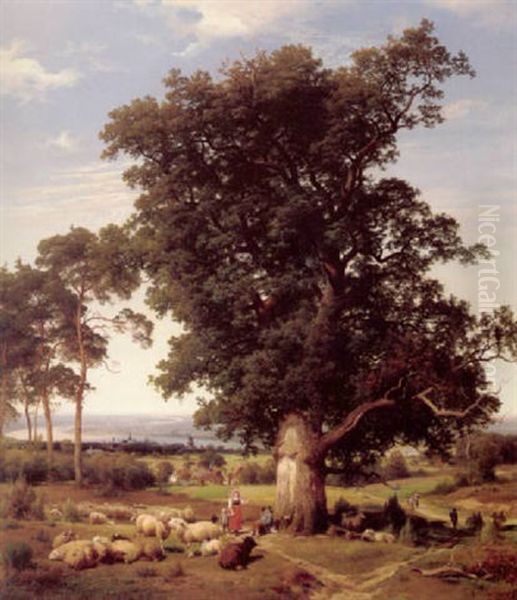 Sommerlandskab Med Farehyrde Og Hans Familie Under Et Stort Egetrae Oil Painting by Henry Lot