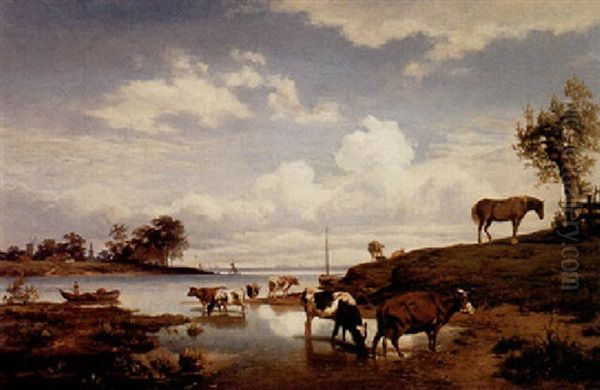 Watering Cows Oil Painting by Henry Lot