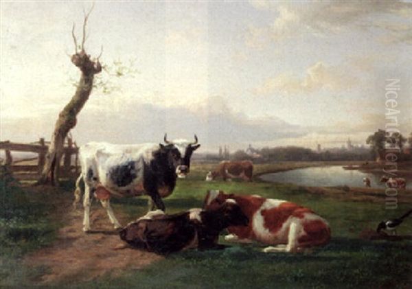 Watering Cows Oil Painting by Henry Lot