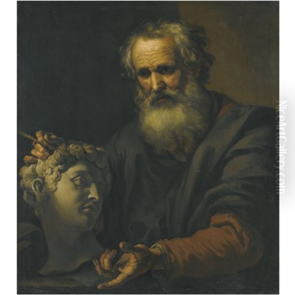 A Philosopher Deep In Thought Holding A Sculpted Head Oil Painting by Johann Carl Loth