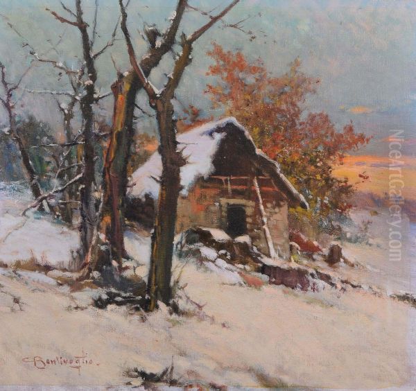 Casolare Sotto La Neve Oil Painting by Cesare Bentivoglio