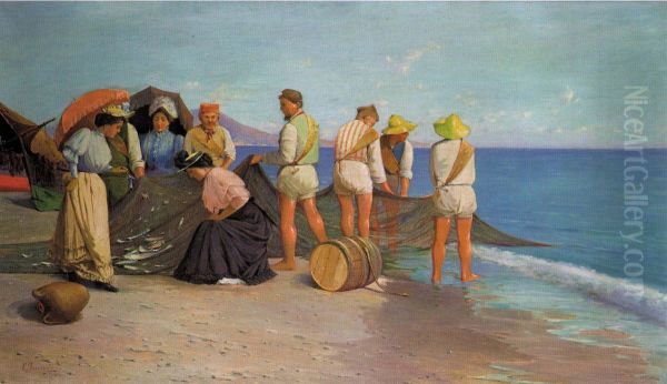 Dame E Pescatori Sulla Spiaggia Oil Painting by Cesare Bentivoglio