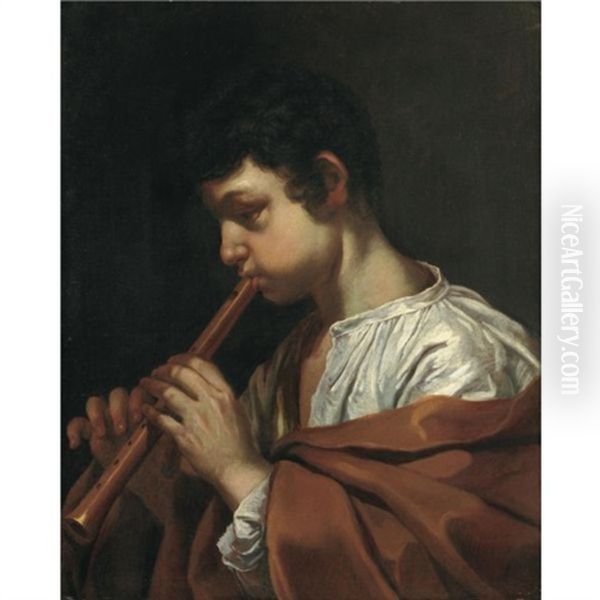 A Young Boy, In Profile, Playing A Pipe Oil Painting by Johann Carl Loth