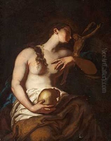 Den Bodfaerdige Maria Magdalene Holdende Et Kranium Og En Kristusfigur Oil Painting by Johann Carl Loth