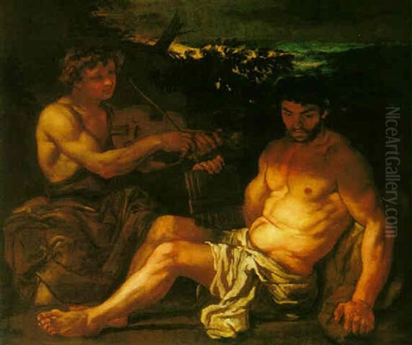 Apollo And Marsyas Oil Painting by Johann Carl Loth