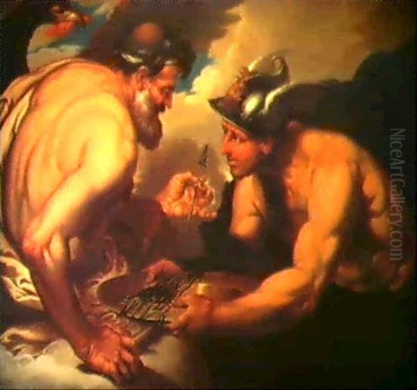 Merjkur Uberbringt Jupiter Die Von Vulkan Geschmiedeten     Pfeile Oil Painting by Johann Carl Loth