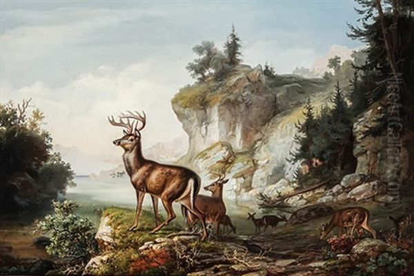 View In Catskills With Deer Oil Painting by Ernst Lotichius