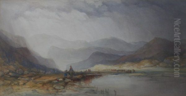 Lake With Mountains, Figures And Cattle Oil Painting by Charles Bentley