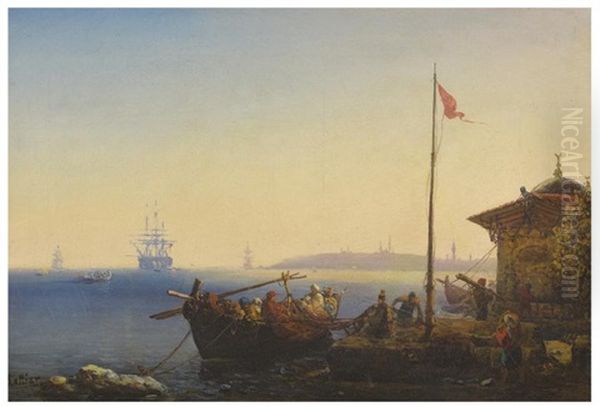 Vue Du Bosphore Avec Turcs En Barque, Voiliers Et La Grande Mosquee D'istanbul Oil Painting by Louis Lottier