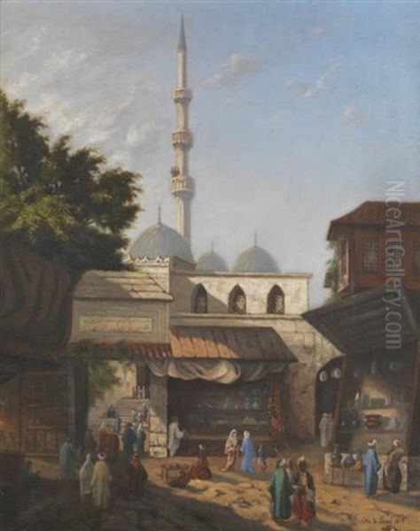 Animation Pres D'une Mosquee A Istanbul Oil Painting by Pierre Victor Lottin De Laval