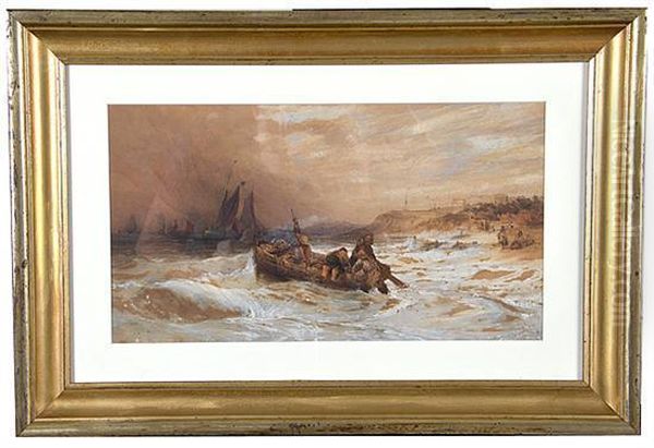 Stormy Seas With Boat On Coastline Oil Painting by Charles Bentley