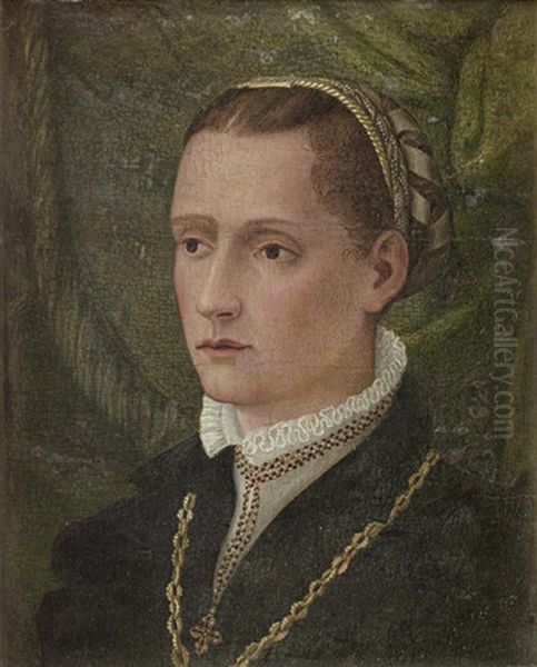 Portrait Of A Lady In A Black Dress And A White Collar, Wearing A Gold Chain, Before A Green Velvet Curtain Oil Painting by Lorenzo Lotto